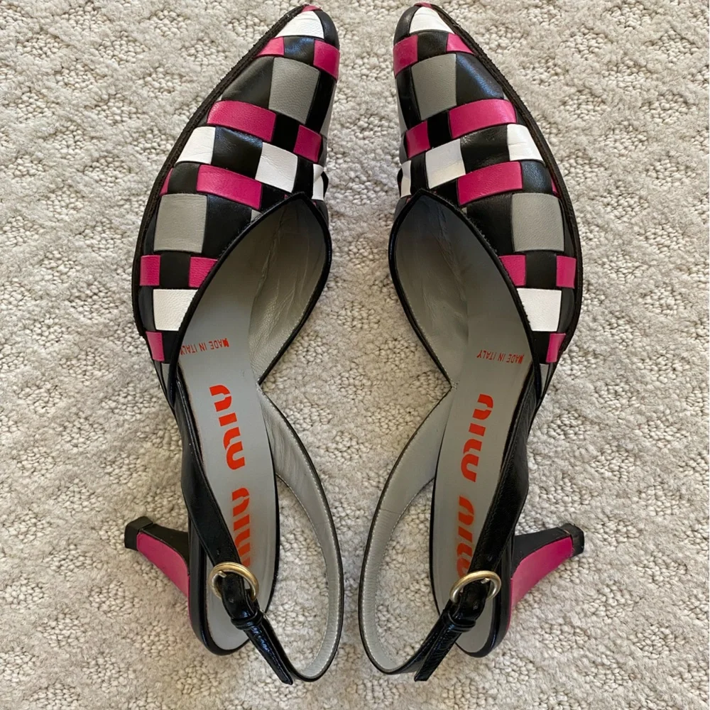 🎉HP🎉  MIU MIU slingback woven leather kitten heel pumps, size EU 36 - Picture 6 of 11